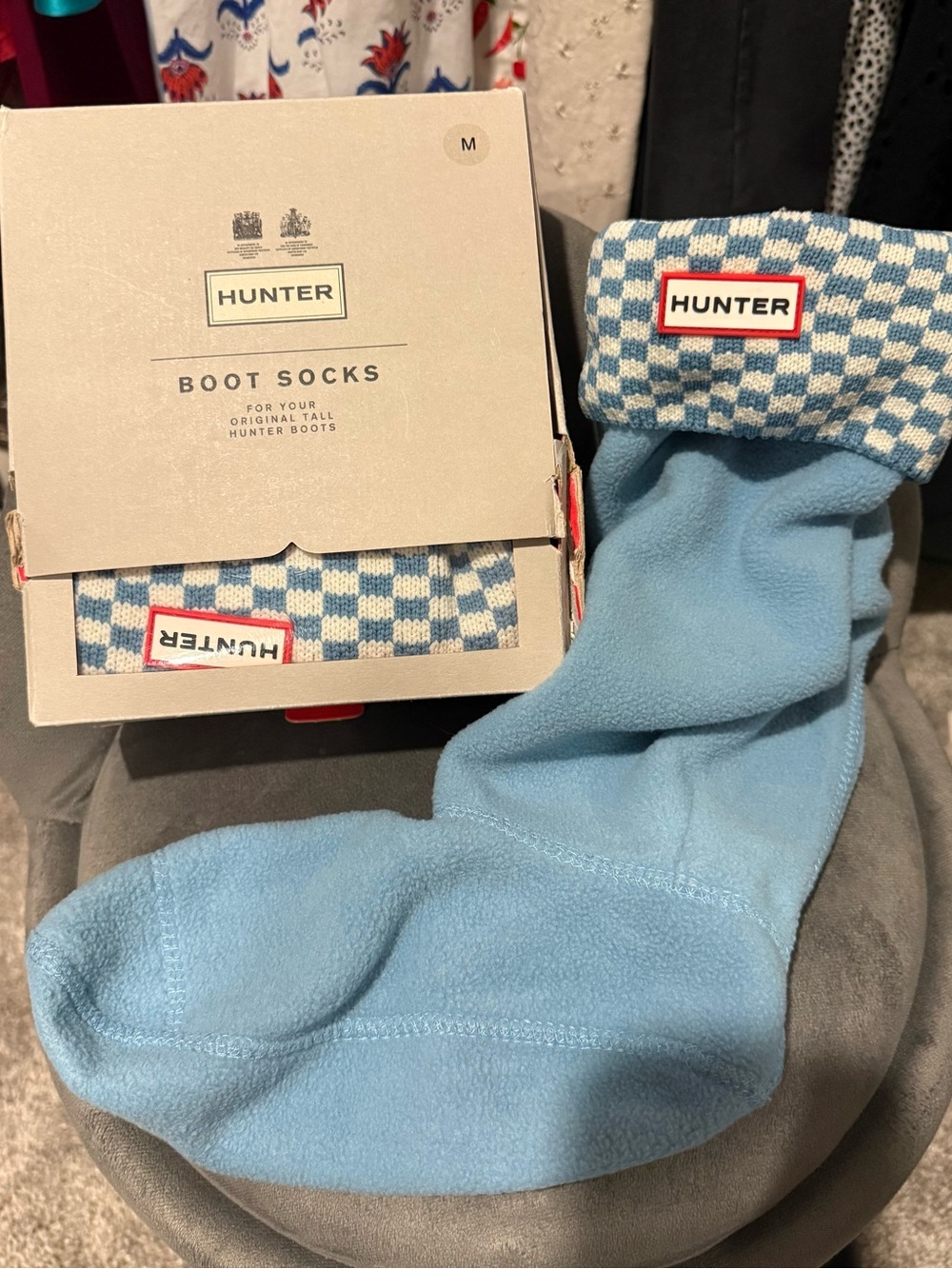 Hunter Light Blue Boot Socks with Blue-and-White Check Cuff